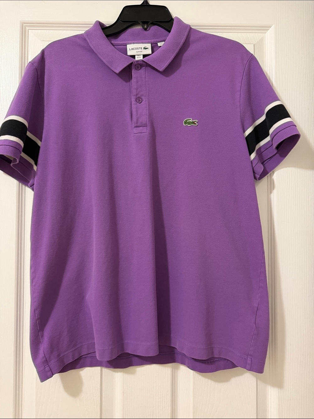 Lacoste Purple Polo with Black & White Sleeve Stripes - Picture 2 of 6